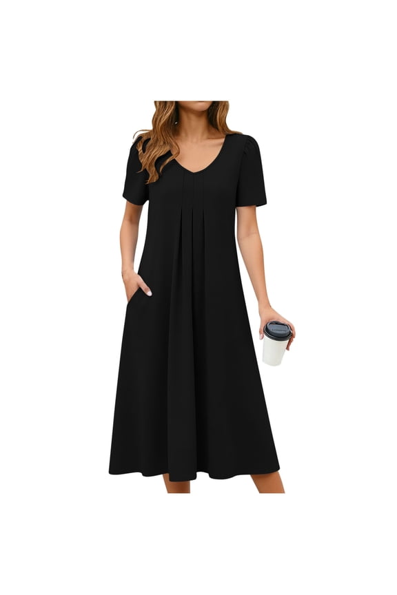 Summer V Neck Midi Dresses for Women Comfy Elegant Solid Color Short Sleeve Casual Sundress Resort Dresses with Pockets