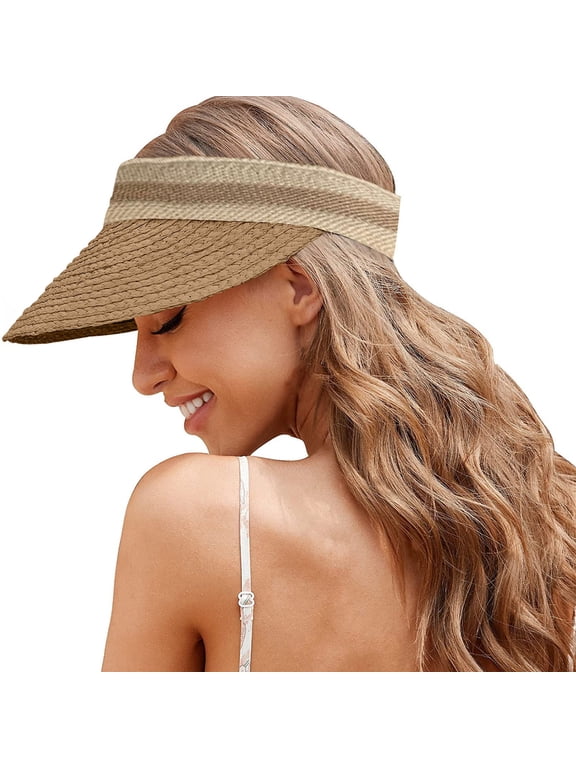 Sun Hats for Women Wide Brim Straw Visor Hat UV Protection Packable Beach Cap Summer Outdoor Travel UPF 50+