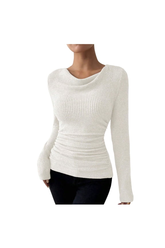 Sweater for Women Slim Fitted Cowl Neck Ribbed Long Sleeve Solid Color Fall Clothes Pullover Blouse
