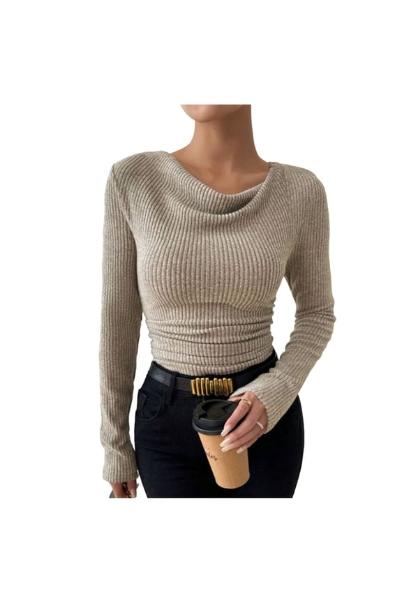 Sweater for Women Slim Fitted Cowl Neck Ribbed Long Sleeve Solid Color Fall Clothes Pullover Blouse