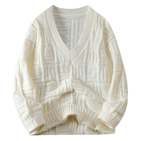 HAiming Sweaters for Men Solid Long Sleeve V Neck Cable Knitted Jumper Tops Plus Size Casual Loose Pullover Sweater