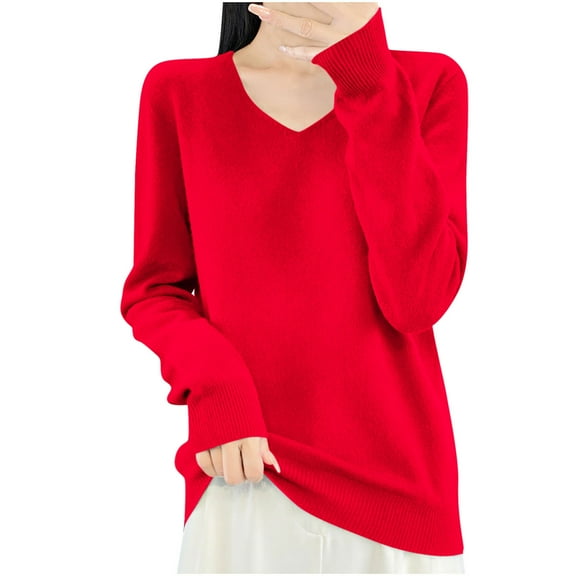HAiming Sweaters for Women Solid Color V Neck Long Sleeve Pullover Jumper 2025 Fall Winter Casual Basic Knitted Tops