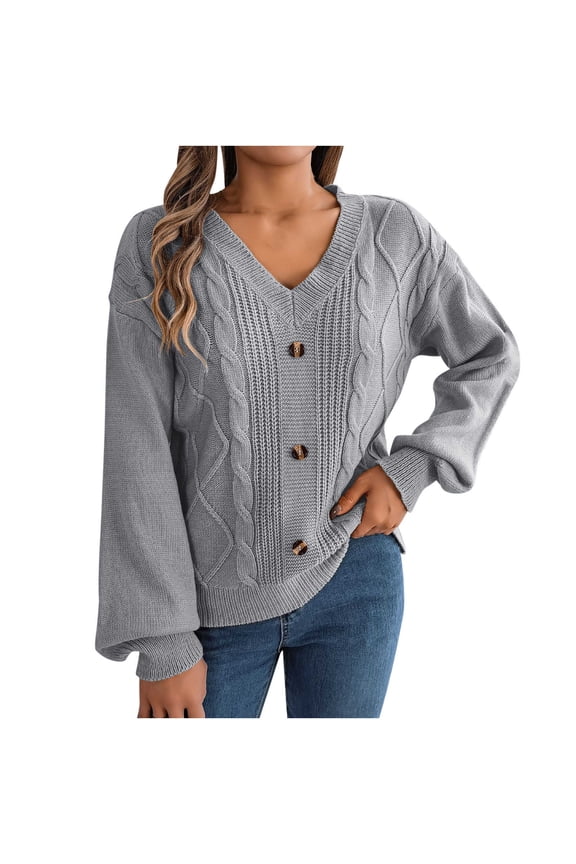 Sweaters for Women Trendy Solid Color Long Sleeve Button Decor Pullover Tops Casual Comfy Knit Jumper Blouse