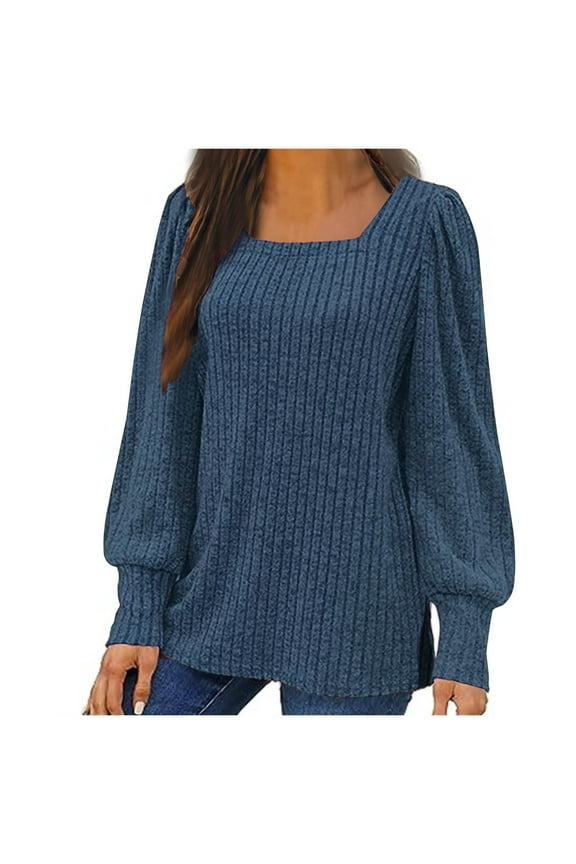 Sweaters for Women Trendy Square Neck Side Split Long Sleeve Knit Tops Plus Size Casual Pullover Tunic Blouse