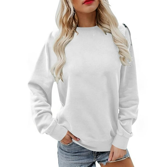 HAiming Sweatshirt for Women Casual Crewneck Long Sleeve Loose Pullover Zip Solid Color Tops Soft Shirt