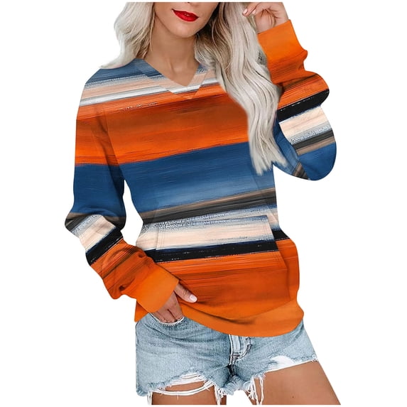 HAiming Sweatshirt for Women Striped Color Block V Neck Long Sleeve Casual Loose Pullover Tops with Pocket