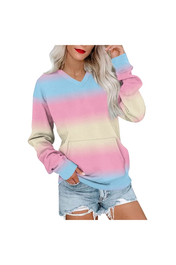 Sweatshirt for Women Striped Color Block V Neck Long Sleeve Casual Loose Pullover Tops with Pocket