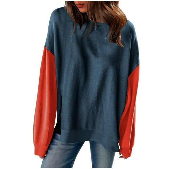 HAiming Sweatshirts for Women Trendy Color Block Long Sleeve Round Neck Pullover Tops Fall Winter Casual Loose Blouse