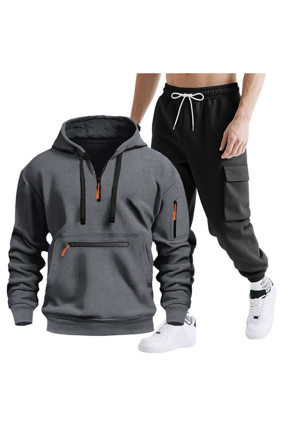 Sweatsuits for Men 2 Piece Quarter Zip Long Sleeve Hoodie Ande Cargo Pants Casual Sports Tracksuit