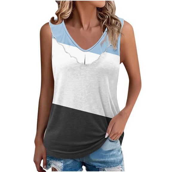 HAiming Tank Top for Women Summer V Neck Tunic Shirt Color Block Striped Casual Sleeveless Trendy Shirts