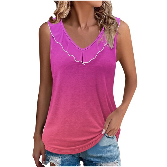 HAiming Tank Tops for Women Gradient V Neck Ruffled Sleeveless Camisole Casual Vacation Tunic Trendy Shirts