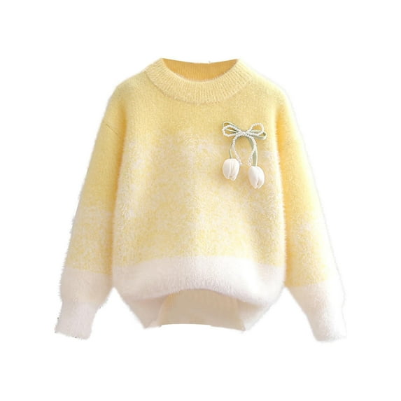 HAiming Toddler Baby Girl Bow Fuzzy Sweaters Long Sleeve Crew Neck Fall Casual Long Sleeve Knitted Pullover Tops