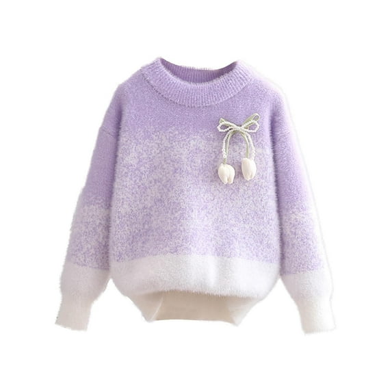 HAiming Toddler Baby Girl Bow Fuzzy Sweaters Long Sleeve Crew Neck Fall Casual Long Sleeve Knitted Pullover Tops