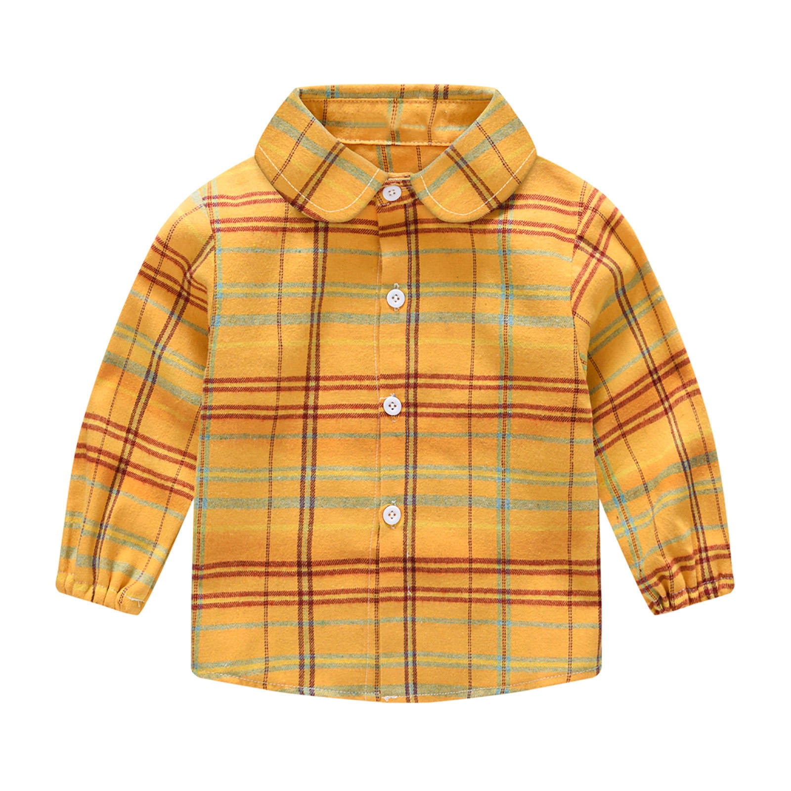 Spring Kids Unisex Vintage Long Sleeves Turn-down Collar Plaid Shirt