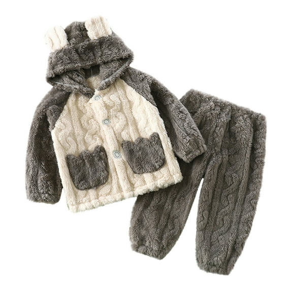 HAiming Toddler Boys Girls Winter Fleece Home Sleepwear Set Long Sleeve Hooded Coat Pants 2 Piece Loungwear Outfits