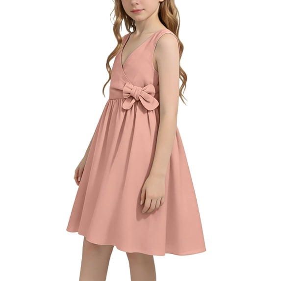 HAiming Toddler Girls Cotton Linen Sleeveless Dress Summer V-Neck Bow Casual Knee Length Dresses for Kids