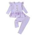 thumbnail image 1 of HAiming Toddler Girls Cotton Outfit Long Sleeve 1/2 Button up Ruffle Lace Bow Dress and Pants 2 PCS Set, 1 of 9