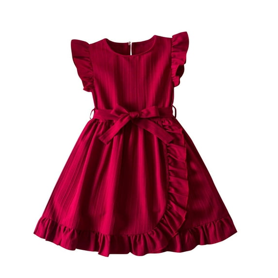 HAiming Toddler Girls Dress Short Sleeve Ruffled Round Neck Tie Waist Pleated A-Line Dress Kids Casual Party Dresses
