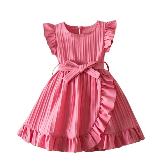HAiming Toddler Girls Dress Short Sleeve Ruffled Round Neck Tie Waist Pleated A-Line Dress Kids Casual Party Dresses