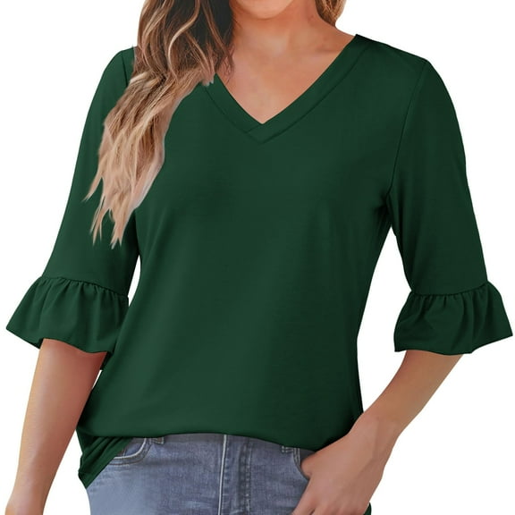 HAiming Tops for Women 3/4 Sleeve V Neck Solid Color Casual Shirts Trendy Pullover Blouses Colthes