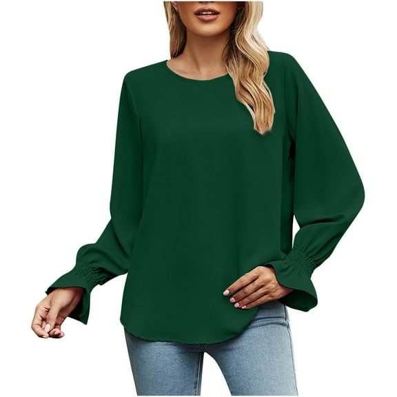 HAiming Tops for Women Ruffled Long Sleeve Round Neck Shirts Trendy Casual Solid Color Loose Pullover Blouses