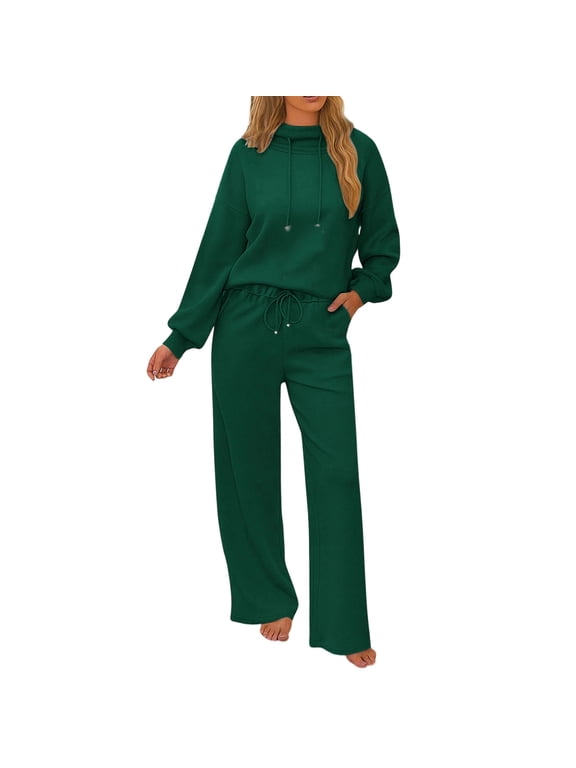 Tracksuit for Women Casual Long Sleeve Mock Neck Drawstring Hooded Sweatshirt Wide Leg Pants 2 Piece Sets
