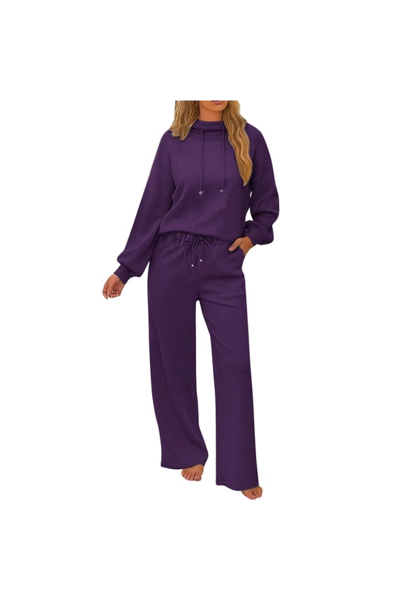 Tracksuit for Women Casual Long Sleeve Mock Neck Drawstring Hooded Sweatshirt Wide Leg Pants 2 Piece Sets