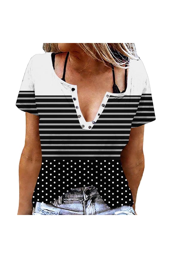 Tunic Tops for Women Striped Short Sleeve Snap V Neck Summer Blouse Basic T-Shirt Trendy Clothes