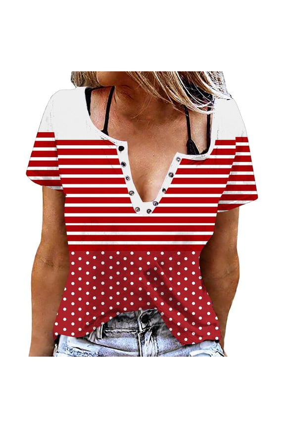 Tunic Tops for Women Striped Short Sleeve Snap V Neck Summer Blouse Basic T-Shirt Trendy Clothes