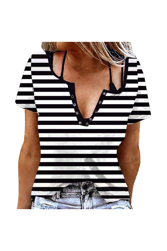Tunic Tops for Women Striped Short Sleeve Snap V Neck Summer Blouse Basic T-Shirt Trendy Clothes