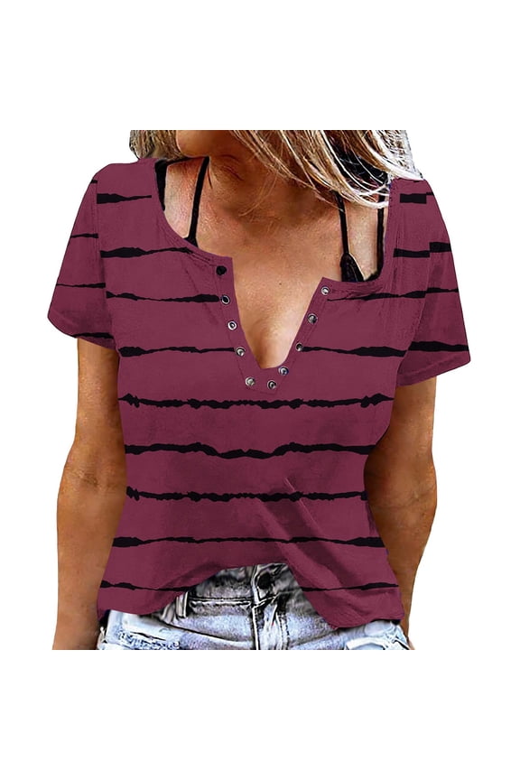 Tunic Tops for Women Striped Short Sleeve Snap V Neck Summer Blouse Basic T-Shirt Trendy Clothes