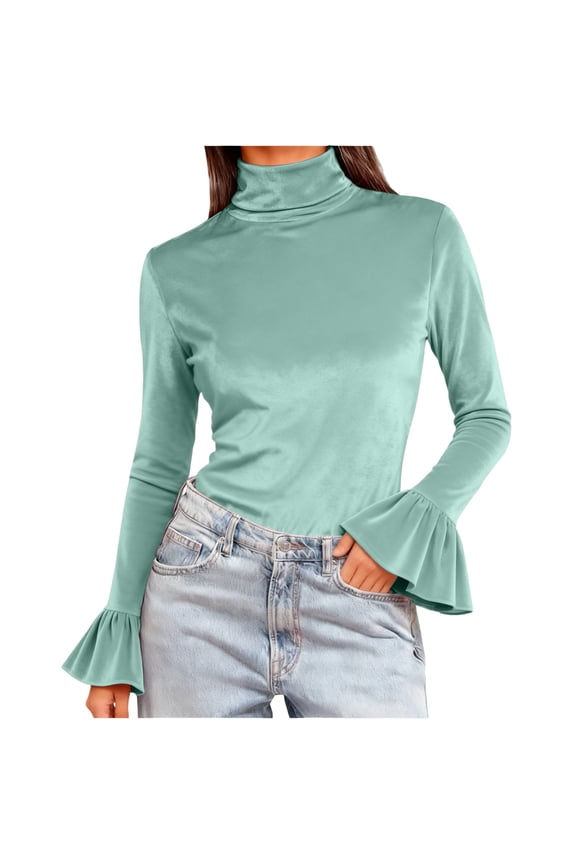 Turtlneck Tops for Women Flare Ruffle Long Sleeve Slim Fitted Casual Soft Comfy Solid Color Trendy Blouse
