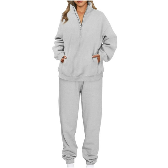 HAiming Two Piece Sets for Women Solid Long Sleeve Half Zip Sweatshirts and Pants Casual Plus Size Outfit with Pocket