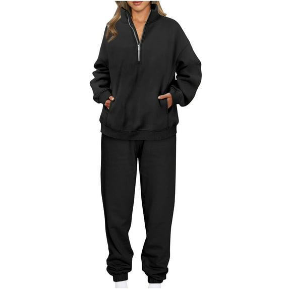 HAiming Two Piece Sets for Women Solid Long Sleeve Half Zip Sweatshirts and Pants Casual Plus Size Outfit with Pocket