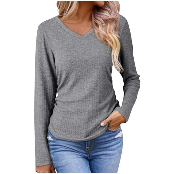 HAiming V Neck Solid Color Tops for Women Slim Fitted Long Sleeve Blouse Pullover Ribbed Knit Basic Shirts