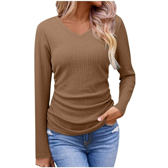HAiming V Neck Solid Color Tops for Women Slim Fitted Long Sleeve Blouse Pullover Ribbed Knit Basic Shirts