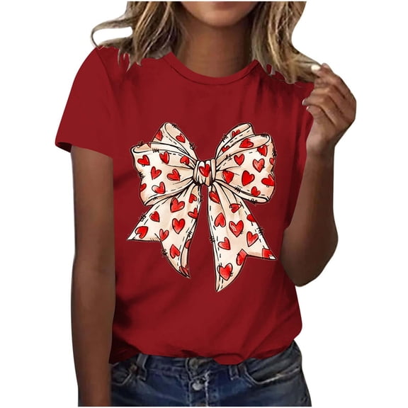 HAiming Valentines Day Shirts for Women Short Sleeve Cute Bow Print Tops Aesthetic T-Shirts Trendy Tee