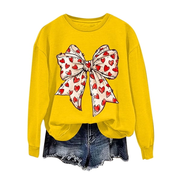 HAiming Valentines Day Sweatshirts for Women Long Sleeve Cute Bow Print Tops Casual T-Shirts Trendy Tee