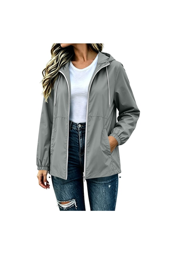 Waterproof Jacket for Women Zipper Long Sleeve Drawstring Hooded Casual Tops Fall Hiking Tops with Pockets