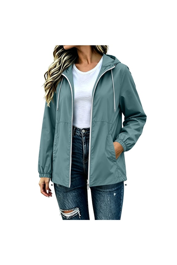 Waterproof Jacket for Women Zipper Long Sleeve Drawstring Hooded Casual Tops Fall Hiking Tops with Pockets