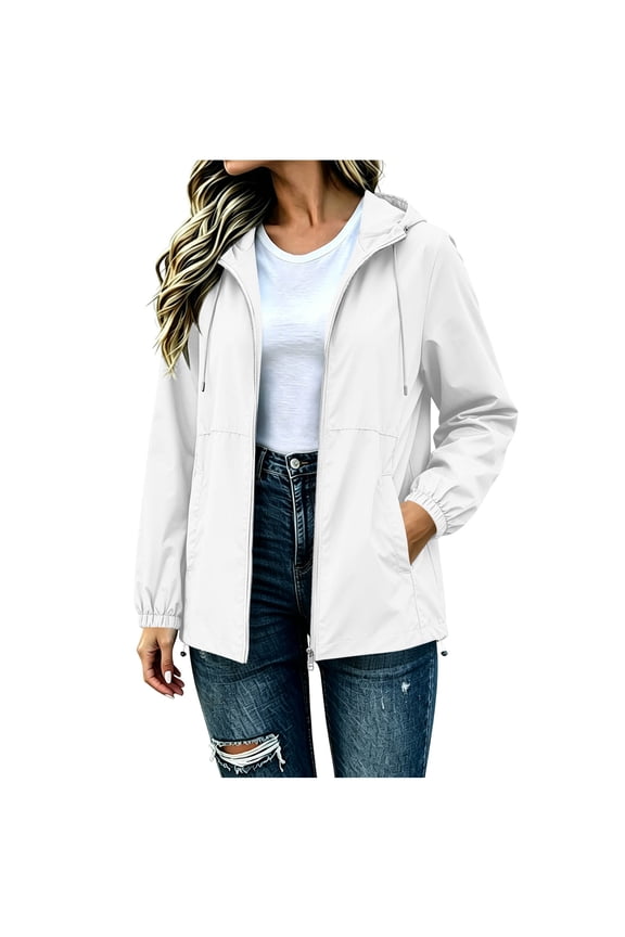 Waterproof Jacket for Women Zipper Long Sleeve Drawstring Hooded Casual Tops Fall Hiking Tops with Pockets