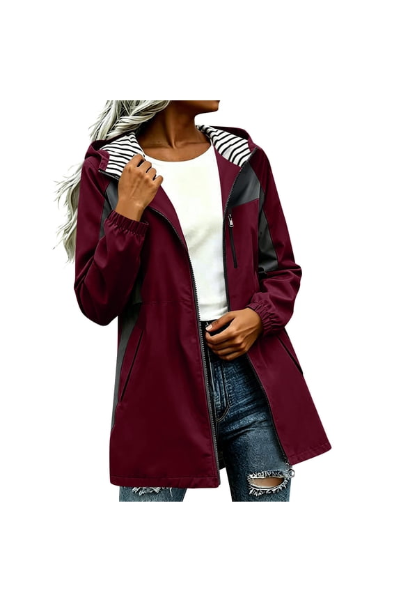 Waterproof Jackets for Women Long Sleeve Zipper Striped Hooded Hiking Jackets with Pockets Workout Jackets