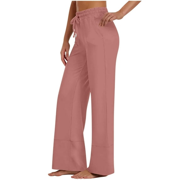 HAiming Wide Leg Pants for Women Elastic High Waisted Drawstring Casual Solid Color Baggy Lounge Trouser with Pockets Pink