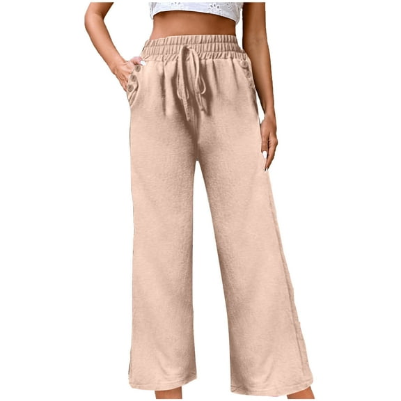 HAiming Wide Leg Pants for Women Elastic High Waisted Drawstring Sweatpants Trendy Loose Lounge Trousers with Pocket