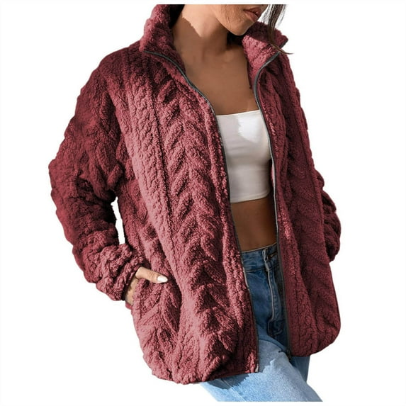 HAiming Winter Fleece Jacket for Women Plush Warm Long Sleeved Stand Collar Zip up Casual Solid Color Coat with Pocket
