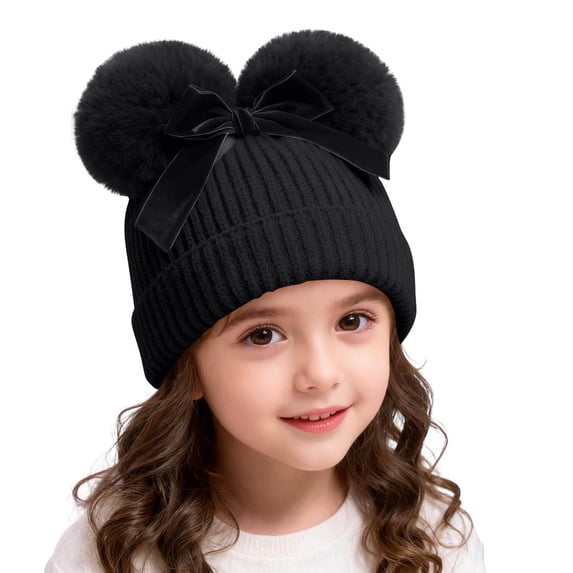 HAiming Winter Hat Cute Bow with Double Pom Pom Solid Color Boys Girls Warm Comfy Knitted Cuffed Cap