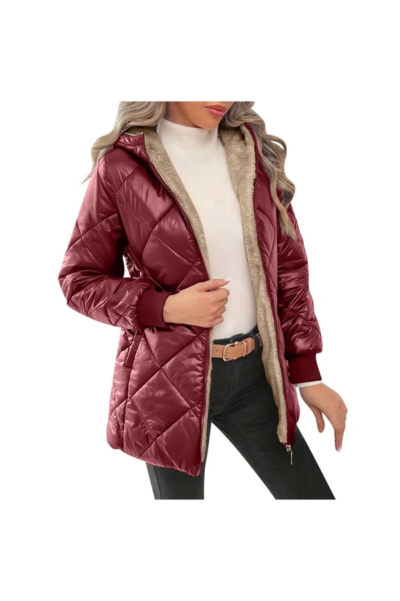 Winter Hooded Jacket for Women Fleece Lined Quilted Casual Long Sleeve Warm Comfy Coat Outerwear