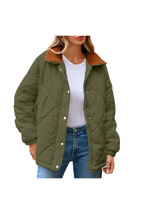 Winter Warm Jacket for Women Full Zip Snap Lapel Collar Coat Solid Color Outwear Trendy Clothes