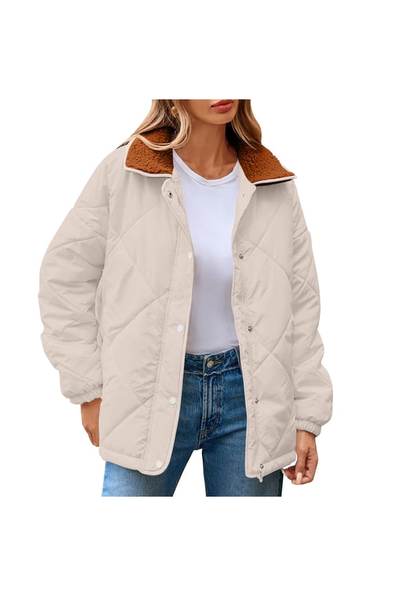 Winter Warm Jacket for Women Full Zip Snap Lapel Collar Coat Solid Color Outwear Trendy Clothes