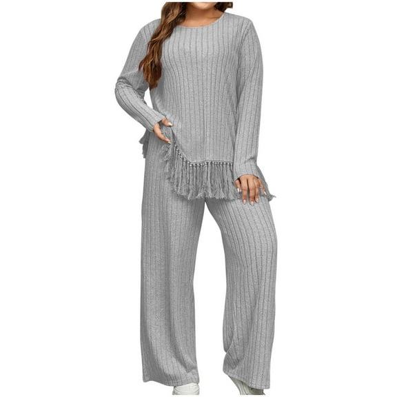 HAiming Women 2 Piece Set Plus Size Solid Color Crewneck Long Sleeve Tassel Top and Wide Leg Pant Casual Loose Outfits